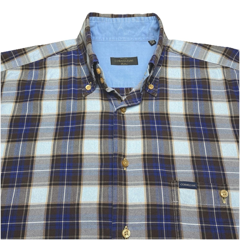 Corneliani Shirt 15.75 40 Mens L/S Button Down Cotton Blue Plaid